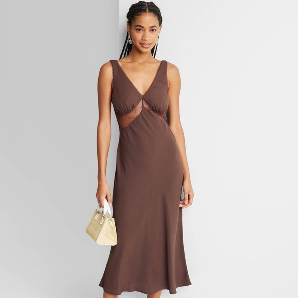 Wild Fable Dark Brown Lace Detail Midi Slip Dress